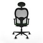 Silla de oficina Jorquera con mecanismo Sincro tapizada con Tela color Verde y malla color Blanco. Equipada con lumbar 1D, Brazos 1D, Cabecero Fijo y Ruedas 65mm nailon