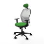 Silla de oficina Jorquera con mecanismo Sincro tapizada con Tela color Verde y malla color Blanco. Equipada con lumbar 1D, Brazos 1D, Cabecero Fijo y Ruedas 65mm nailon