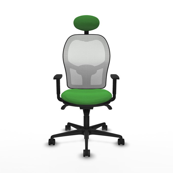 Silla de oficina Jorquera con mecanismo Sincro tapizada con Tela color Verde y malla color Blanco. Equipada con lumbar 1D, Brazos 1D, Cabecero Fijo y Ruedas 65mm nailon