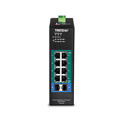 TRENDnet TI-PG102i Switch Industrial Gestionado L2, 8 Puertos Gigabit PoE+, Montaje Carril DIN, 2 SFP