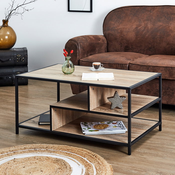 Home Deco Factory Mesa de Centro Edison Industriel Hierro y Madera de Partículas Negro 90x55 cm