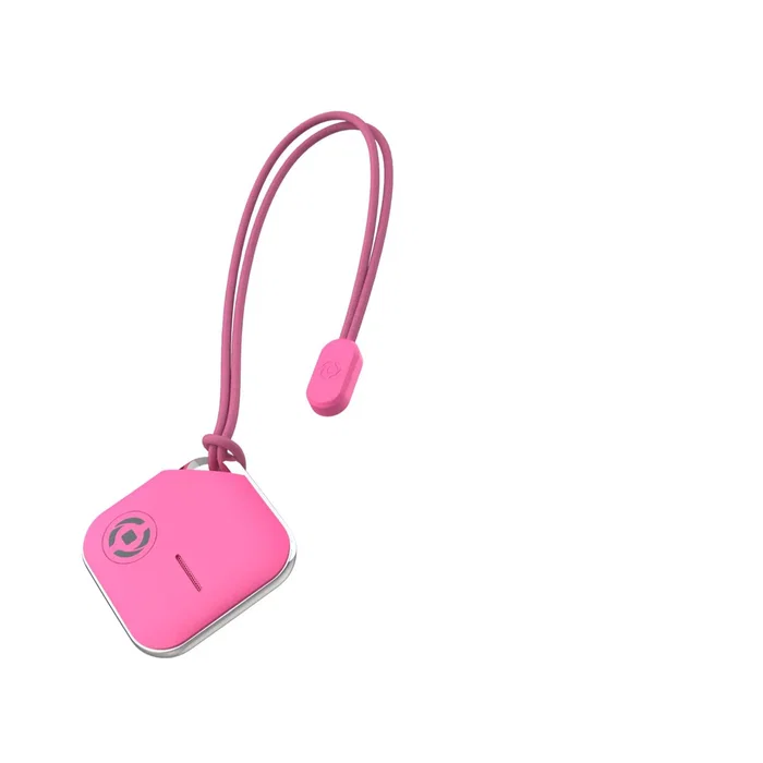 Celly SMARTFINDERPK Rastreador GPS Localizador para Objetos con Cuerda Nylon, Compatible con App Apple 'Find My' (Find My iPhone), con Alarma y Altavoz, Color Rosa