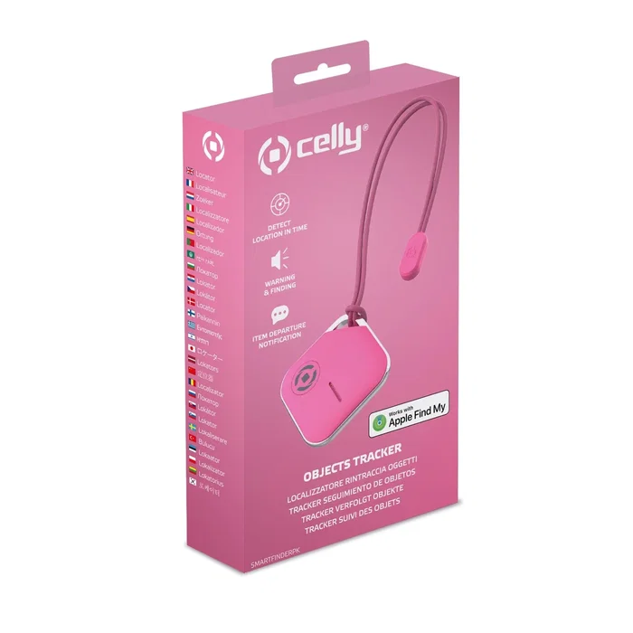 Celly SMARTFINDERPK Rastreador GPS Localizador para Objetos con Cuerda Nylon, Compatible con App Apple 'Find My' (Find My iPhone), con Alarma y Altavoz, Color Rosa