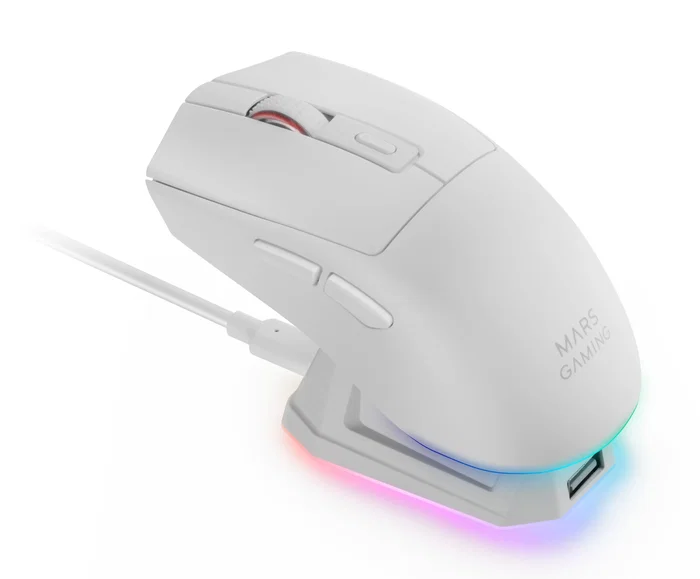 Mars Gaming MM-T3W Ratón Gaming Inalámbrico Blanco Tri-Mode (RF, Bluetooth 5.0, USB-C) - Óptico 14400 DPI, Base de Carga Magnética RGB, Recargable 100h, 67g, para PC, PS5, Xbox