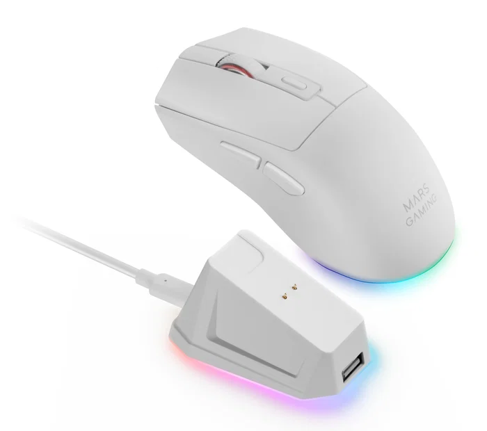 Mars Gaming MM-T3W Ratón Gaming Inalámbrico Blanco Tri-Mode (RF, Bluetooth 5.0, USB-C) - Óptico 14400 DPI, Base de Carga Magnética RGB, Recargable 100h, 67g, para PC, PS5, Xbox