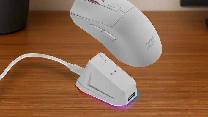 Mars Gaming MM-T3W Ratón Gaming Inalámbrico Blanco Tri-Mode (RF, Bluetooth 5.0, USB-C) - Óptico 14400 DPI, Base de Carga Magnética RGB, Recargable 100h, 67g, para PC, PS5, Xbox