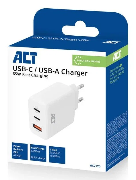 ACT Cargador AC2170 de 65 W con 3 puertos USB-C y USB-A Blanco