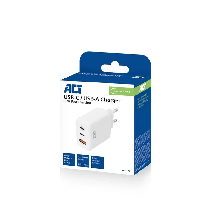 Cargador ACT AC2170 de 65W con 3 puertos (2 USB-C y 1 USB-A)