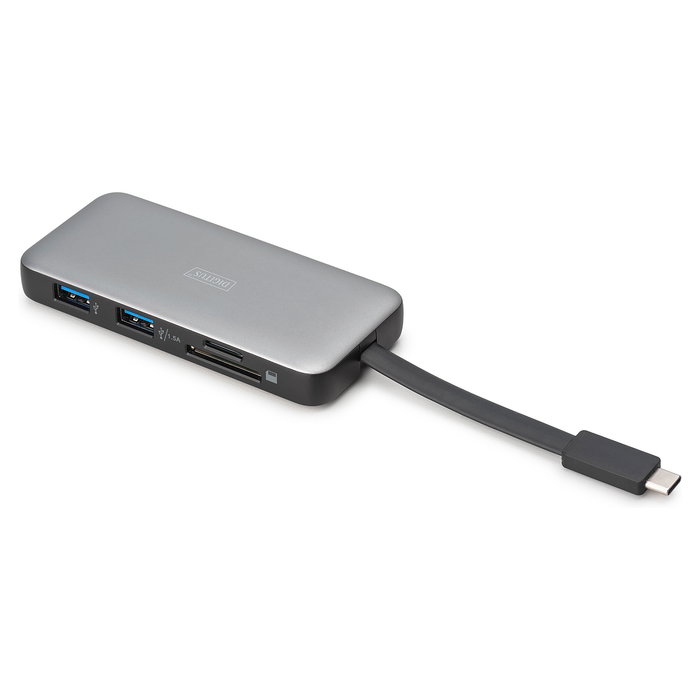 Digitus Base de Conexión USB-C de Viaje con 7 Puertos - HDMI (x2), USB 3.2 Gen 2, Ethernet Gigabit, Lector SD/MicroSD, Carga PD 100W, 4K 60Hz, Aluminio, Color Negro y Gris