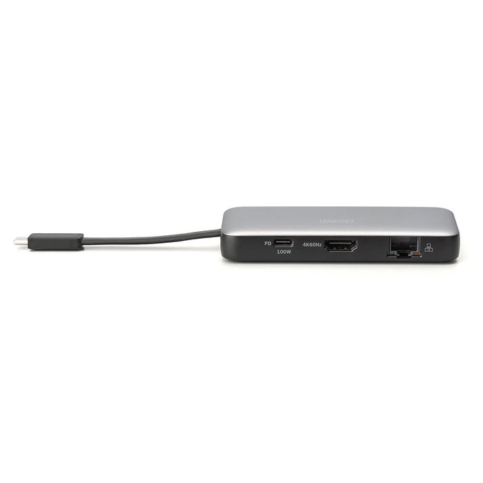 Digitus Base de Conexión USB-C de Viaje con 7 Puertos - HDMI (x2), USB 3.2 Gen 2, Ethernet Gigabit, Lector SD/MicroSD, Carga PD 100W, 4K 60Hz, Aluminio, Color Negro y Gris