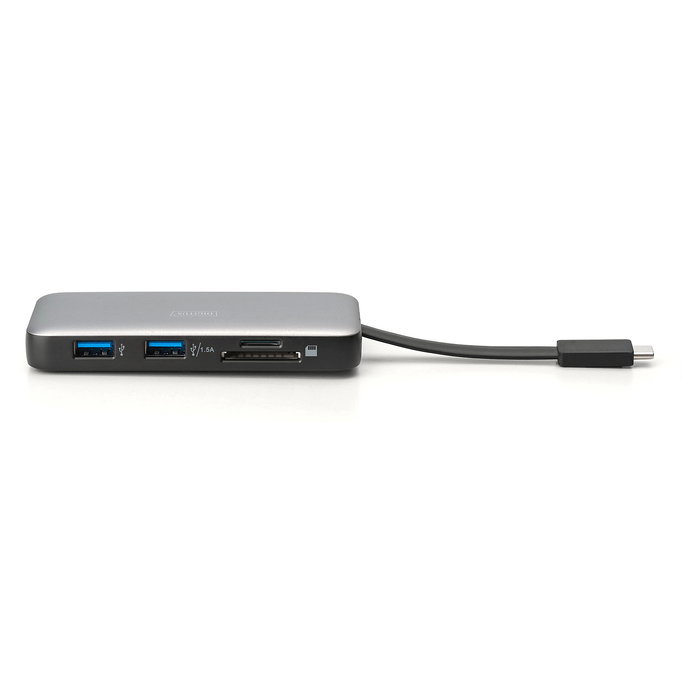 Digitus Base de Conexión USB-C de Viaje con 7 Puertos - HDMI (x2), USB 3.2 Gen 2, Ethernet Gigabit, Lector SD/MicroSD, Carga PD 100W, 4K 60Hz, Aluminio, Color Negro y Gris