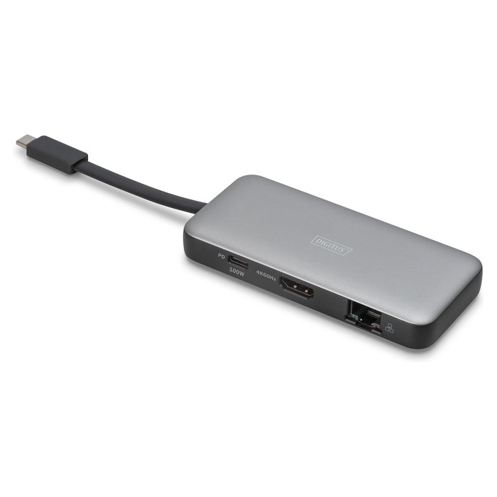 Digitus Base de Conexión USB-C de Viaje con 7 Puertos - HDMI (x2), USB 3.2 Gen 2, Ethernet Gigabit, Lector SD/MicroSD, Carga PD 100W, 4K 60Hz, Aluminio, Color Negro y Gris