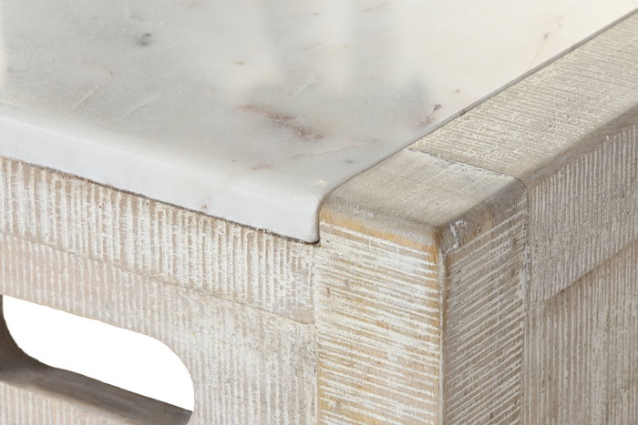 DKD Home Decor Barra Cocina Moderno Natural Blanco Mango y Mármol 40 x 96 x 112 cm Set de 3 Taburetes