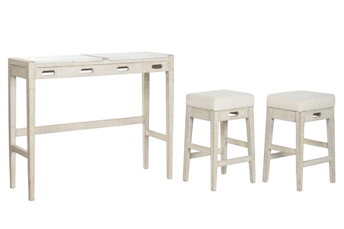 DKD Home Decor Barra Cocina Moderno Natural Blanco Mango y Mármol 40 x 96 x 112 cm Set de 3 Taburetes