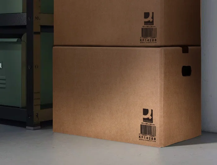 Q-connect Caja para embalar americana fondo automático con asas cartón canal simple 5 mm color kraft 425x300x200 mm Q-connect Caja para embalar americana fondo automático con asas cartón canal simple 5 mm color kraft 425x300x200 mm