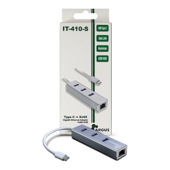 Inter-Tech Argus IT-410-S Concentrador USB-C Hub 3 Puertos USB 3.1 + 1 Puerto LAN RJ45 Gigabit Ethernet, Carcasa de Aluminio Gris