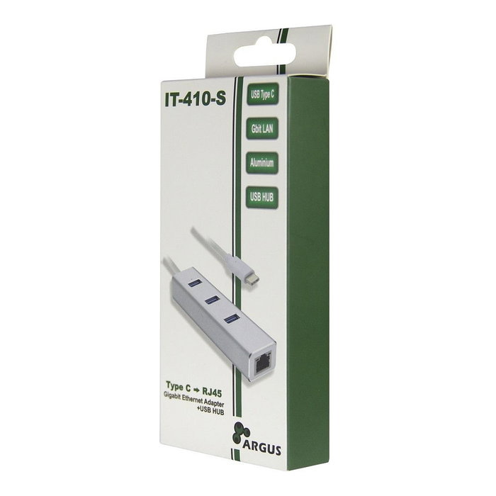 Inter-Tech Argus IT-410-S Concentrador USB-C Hub 3 Puertos USB 3.1 + 1 Puerto LAN RJ45 Gigabit Ethernet, Carcasa de Aluminio Gris