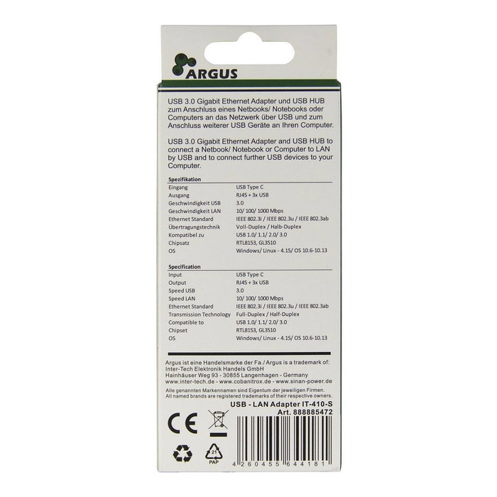 Inter-Tech Argus IT-410-S Concentrador USB-C Hub 3 Puertos USB 3.1 + 1 Puerto LAN RJ45 Gigabit Ethernet, Carcasa de Aluminio Gris