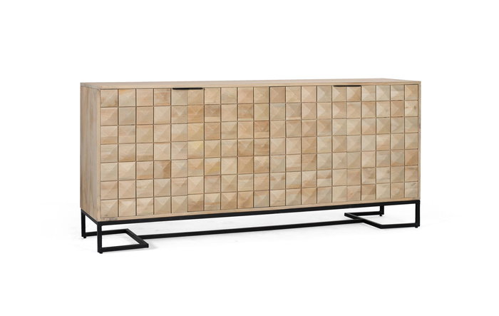 GINER Y COLOMER Aparador 180 cm Madera de Mango Tallado a Mano, Color Avellana y Negro con Puertas Negras y Base Metálica Dorada