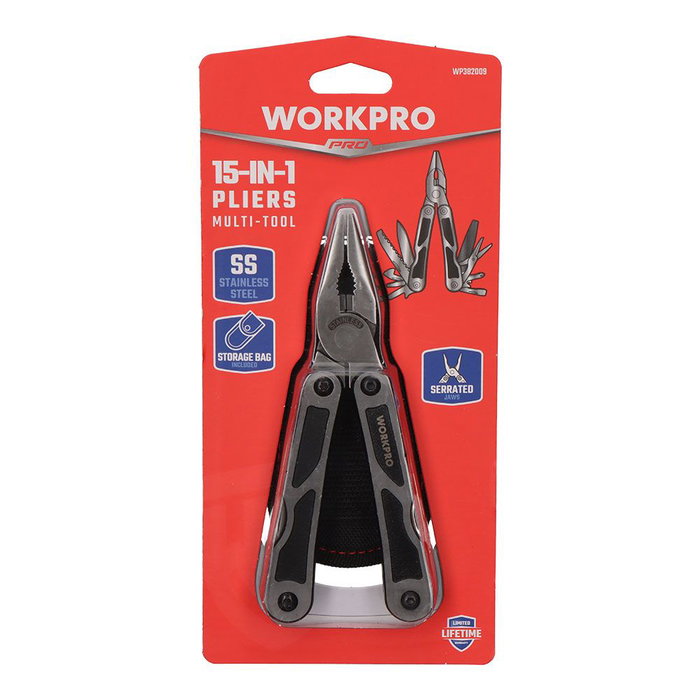 Workpro Multiherramienta 15 en 1 Acero Inoxidable Herramientas con Bloqueo Apertura Mariposa