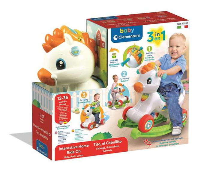 Clementoni Correpasillos Tito el Caballito 3 en 1 (Correpasillos, Balancín, Centro de Actividades) con Sonidos y Luces