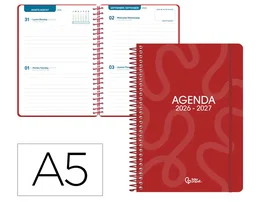 Liderpapel Agenda Escolar 2026-2027 Colección Classic - Bilingüe, 2 Días por Página, Formato A5, Espiral, Color Rojo, Papel FSC 70g