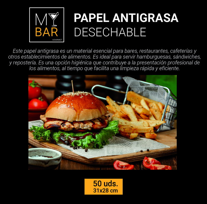 My Bar - Papel Antigrasa Blanco, 31.3 x 28.3 cm, Pack de 50 unidades, para uso en cocina y hostelería (24 Unidades)