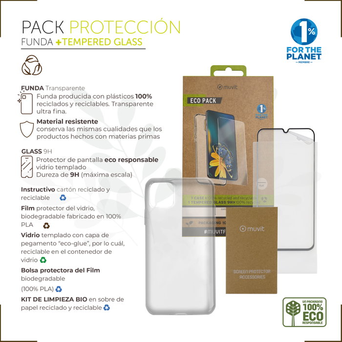 Muvit PACK Funda Recycletek y Protector Pantalla Eco Responsable para Samsung Galaxy A34 - Materiales Reciclados y Reciclables, Protección 9H