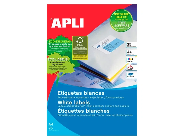 Apli Etiqueta Adhesiva 1215 210x297 mm para Fotocopiadora Laser Ink-jet Caja con 25 Hojas