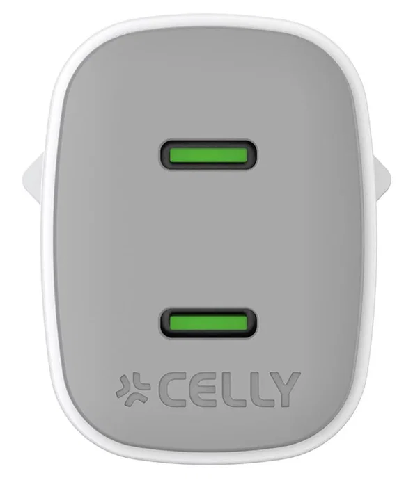 Celly UPTC2USBC45WWH Cargador GaN 45W con 2 Puertos USB-C, Carga Rápida, Color Blanco, Universal, Interiores