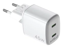 Celly UPTC2USBC45WWH Cargador GaN 45W con 2 Puertos USB-C, Carga Rápida, Color Blanco, Universal, Interiores