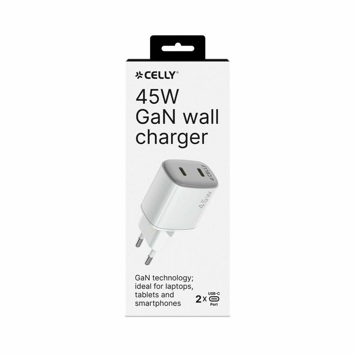 Celly Cargador USB-C Gan 45W WH-2USB-C 2 Puertos Carga Rápida Celly Cargador USB-C Gan 45W WH-2USB-C 2 Puertos Carga Rápida