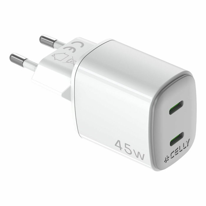 Celly Cargador USB-C Gan 45W WH-2USB-C 2 Puertos Carga Rápida Celly Cargador USB-C Gan 45W WH-2USB-C 2 Puertos Carga Rápida