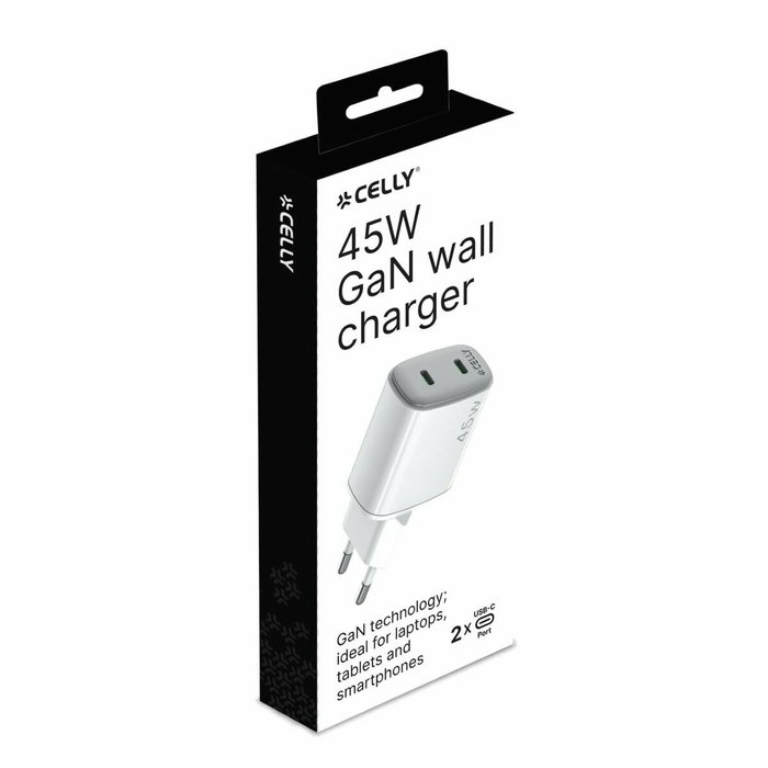 Celly Cargador USB-C Gan 45W WH-2USB-C 2 Puertos Carga Rápida Celly Cargador USB-C Gan 45W WH-2USB-C 2 Puertos Carga Rápida
