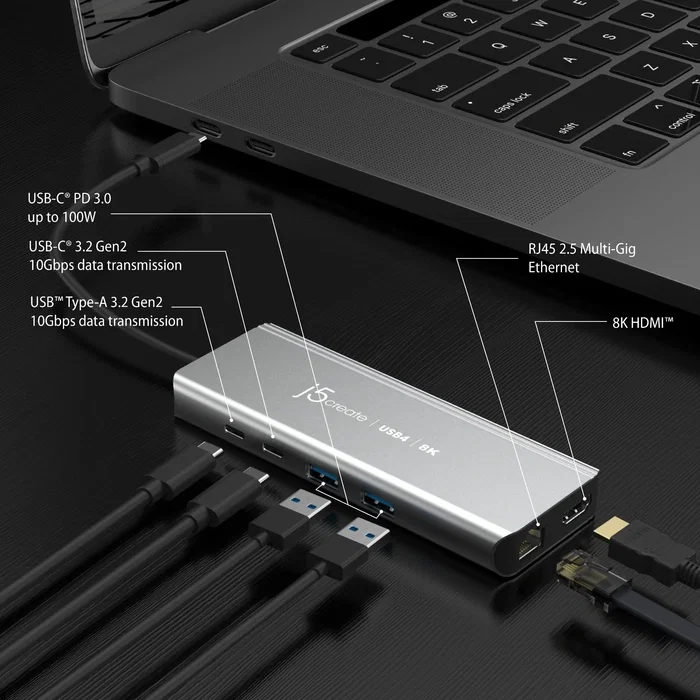 j5create JCD403-N Estación de Conexión USB4 con HDMI 8K, USB 3.2 y RJ45 2.5G, Gris j5create JCD403-N Estación de Conexión USB4 con HDMI 8K, USB 3.2 y RJ45 2.5G, Gris