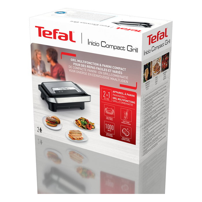 Tefal Inicio Compact GC270D10 Contact Grill Negro Acero Inoxidable 1000W Parrilla 230x145mm