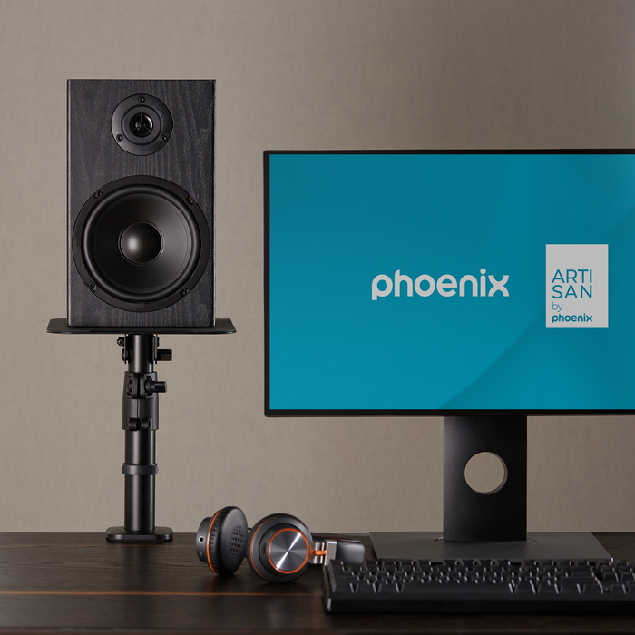 Phoenix Technologies Soporte de Altavoces para Escritorio, Ajustable en Altura y Angulo, Fijacion al Tablero, Base Antivibraciones y Gestion de Cables, Diseno Universal Minimalista