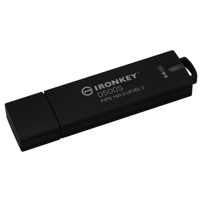 Kingston IronKey D500S - Llavero USB 3.2 64GB - Cifrado Hardware AES-256, FIPS 140-3 Nivel 3, Resistente Agua IP67, 260 MB/s Lectura, Color Negro - Retail