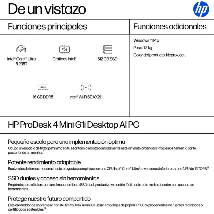 HP ProDesk 4 Mini G1i AI PC Intel Core Ultra 5 235T 16 GB 512 GB SSD Negro