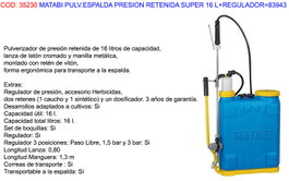 MATABI Sulfatadora Pulverizador Presión Retenida Super 16 L + Regula 83943