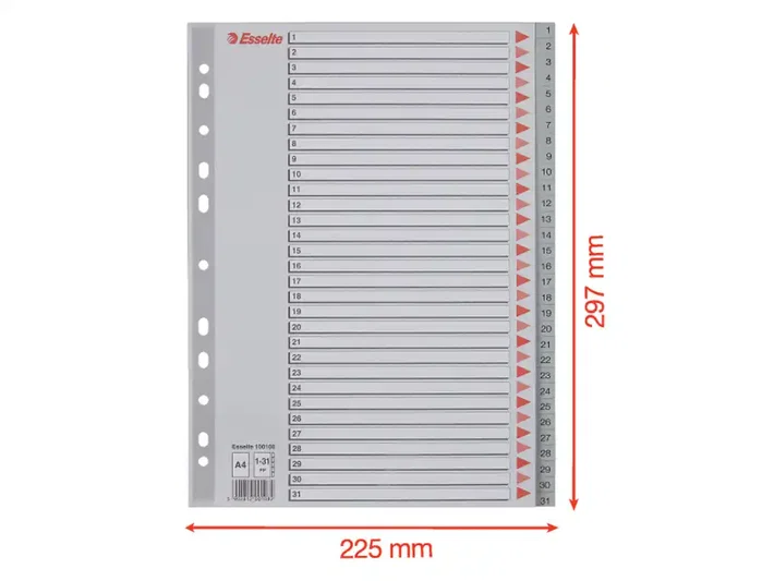 Esselte Índice Numérico 1-31 Multitaladro Gris A4 Esselte Índice Numérico 1-31 Multitaladro Gris A4