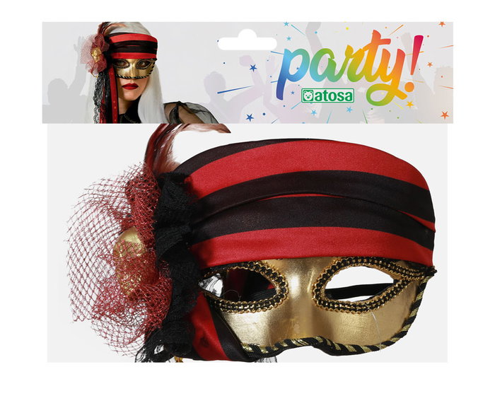 Gafas Antifaz Metálico Dorado con Lazo Rojo y Negro Estilo Pirata para Disfraces de Fiesta, Carnaval y Halloween Gafas Antifaz Metálico Dorado con Lazo Rojo y Negro Estilo Pirata para Disfraces de Fiesta, Carnaval y Halloween