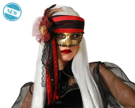 Gafas Antifaz Metálico Dorado con Lazo Rojo y Negro Estilo Pirata para Disfraces de Fiesta, Carnaval y Halloween