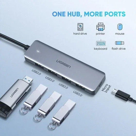 UGREEN Concentrador USB-C a 4 Puertos USB 3.0 Gris 70336 UGREEN Concentrador USB-C a 4 Puertos USB 3.0 Gris 70336