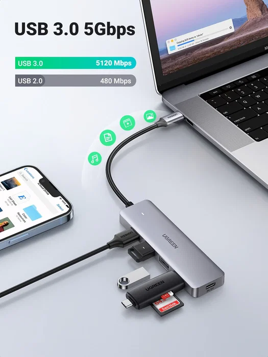 UGREEN Concentrador USB-C a 4 Puertos USB 3.0 Gris 70336 UGREEN Concentrador USB-C a 4 Puertos USB 3.0 Gris 70336