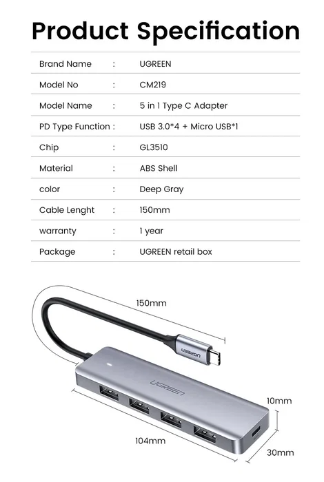 UGREEN Concentrador USB-C a 4 Puertos USB 3.0 Gris 70336 UGREEN Concentrador USB-C a 4 Puertos USB 3.0 Gris 70336