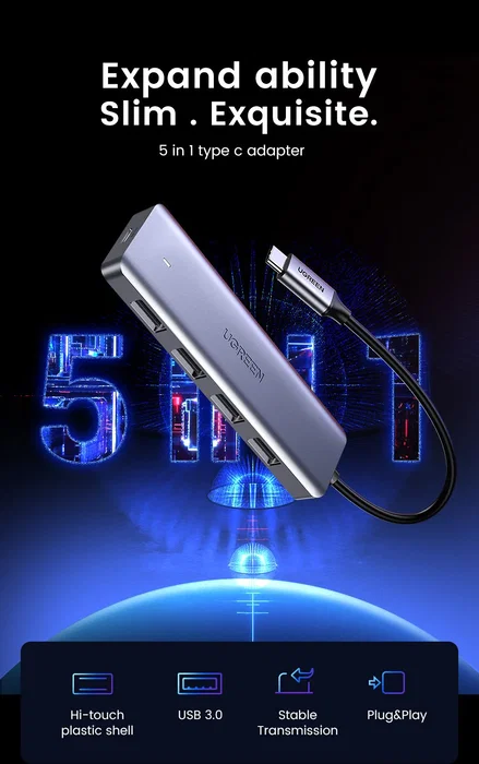 UGREEN Concentrador USB-C a 4 Puertos USB 3.0 Gris 70336 UGREEN Concentrador USB-C a 4 Puertos USB 3.0 Gris 70336