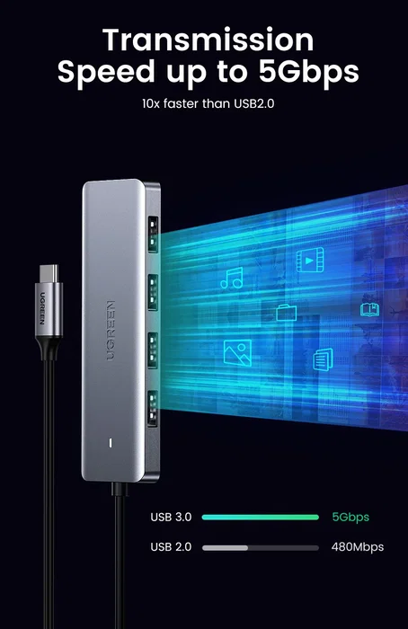 UGREEN Concentrador USB-C a 4 Puertos USB 3.0 Gris 70336 UGREEN Concentrador USB-C a 4 Puertos USB 3.0 Gris 70336