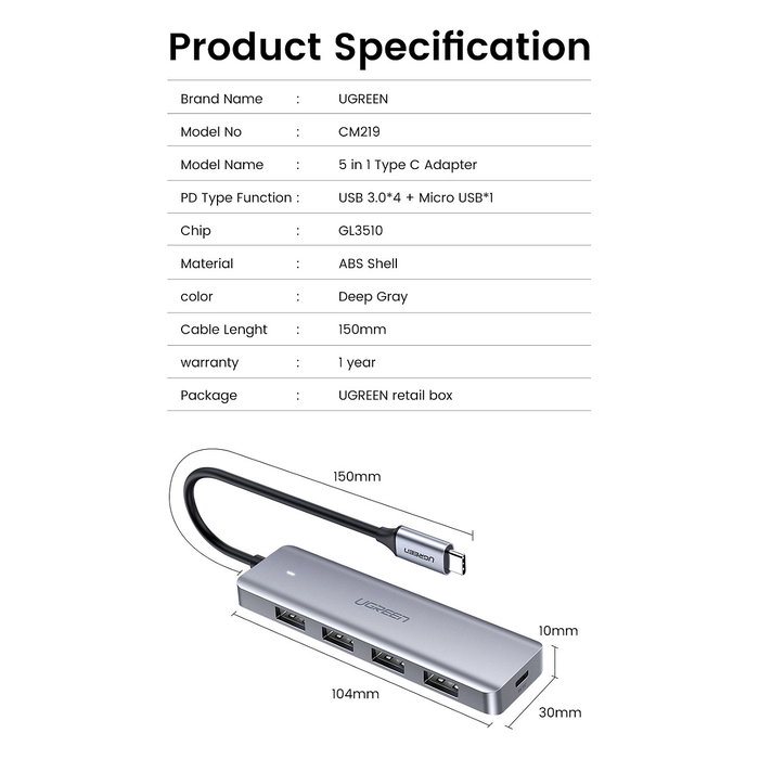 Ugreen HUB USB-C a 4 Puertos USB 3.2 Gen 1 (70336)