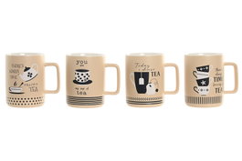 DKD Home Decor Set de 12 Tazas de Porcelana New Bone Beige y Negro 400ml